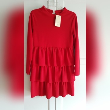 Nowa czerwona sukienka falbanki na święta S 36