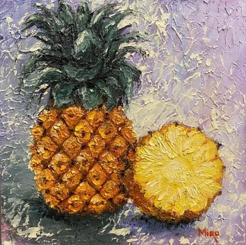 Ananas obraz olejny ręcznie malowany 25*25 cm.