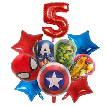 Balon AVENGERS 9szt., Cyfra 5, SpiderMan, Hulk, Kapitan Ameryka,Tarcza K/A
