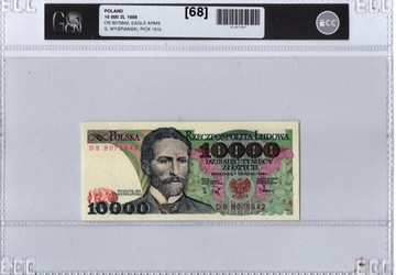 Banknot 10000 zł z 1988r. seria DB (2  literowa), stan 1 UNC w gradingu 68