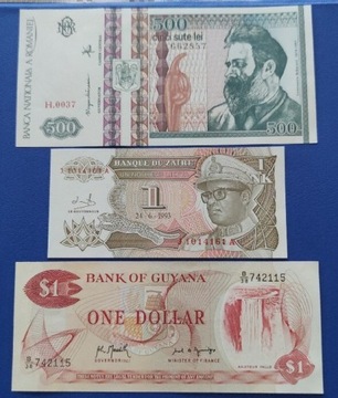 Banknoty Zair, Gujana, Rumunia stan UNC 