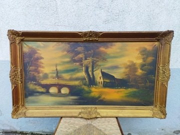 Stary obraz olejny na płótnie pejzaż 113x64cm