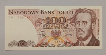 Banknot PRL 100 zł. 1988 TF najrzadsza seria rocznika L4 UNC