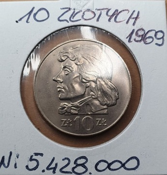 10 złotych ,T.Kościuszko, 1969,N: 5,428.000 , St.1