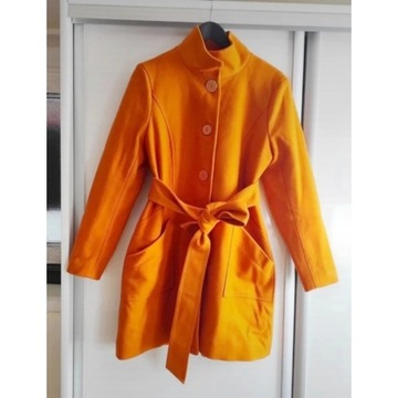 Pomarańczowy płaszcz wiązany w talii, 20% wełna, M