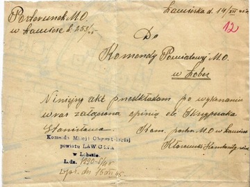 Pismo z 14.12.1945r Posterunku MO w Ławiczce