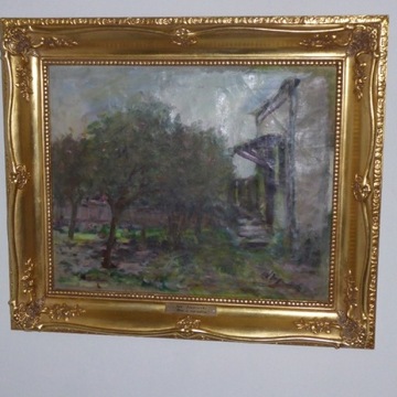 Obraz  olejny na płótnie  pt. " Dom w ogrodzie  " 