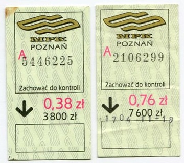 Bilet  MPK Poznań - 0.38zł/3800zł, 0.76zł/7600zł 