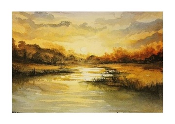 Akwarela malarstwo pejzaż obraz zachód słońca A4