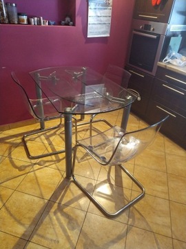 design okrągły stół szklany, składany + 3 krzesła
