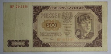 BANKNOT 500 PIĘĆSET ZŁOTYCH GÓRNIK 1948 SERIA BF 