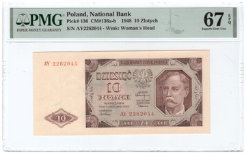 10 ZŁOTYCH 1948 SERIA AY PMG 67 EPQ 1-SZTUKA WYŻEJ