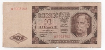 Banknot PRL, 10 złotych 1948 - A - RZADKA