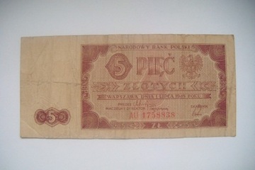 Polska Banknot PRL 5 zł.1948 r. seria AU