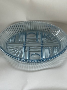 Szklany talerz patera ART DECO niebieskie szkło 