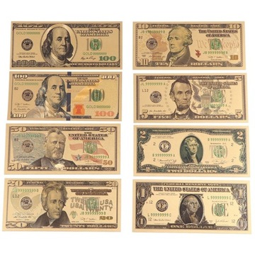 zestaw dolary złocone 8sztuk komplet z nowymi 100$