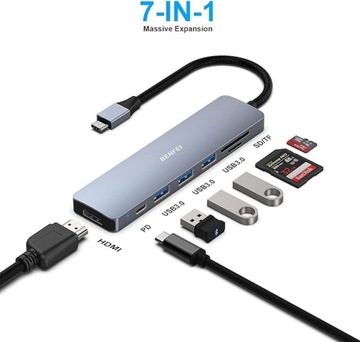 Hub USB C 5 w 1, HDMI 4K, 3 x USB, kart SD