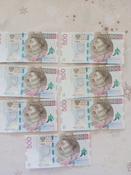 7 Kolejnych Banknotów 500 zł od AA0117253 do AA0117259
