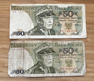 Komplet 2 banknotów 50zl 1988 seria GK