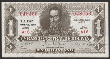 Boliwia 1 boliviano 1928/52 - stan bankowy UNC