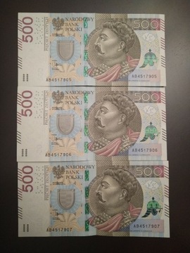 Banknoty 500 zł kolejne numery seria AB4517905 -07