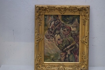 Wojciech Kossak - ułan przy koniu stary obraz