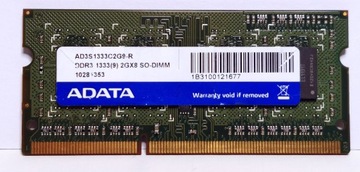 Pamięć RAM ADATA DDR3 2GB AD3S1333C2G9-R 