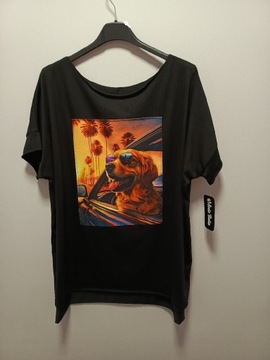 T-shirt bluzka czarna aplikacja piesek oversizowa