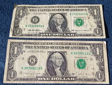 jeden ONE DOLLAR $ banknoty USA 1988+1999 seria B