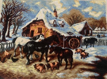 Cudny obraz/gobelin „Zima na wsi” rękodzieło