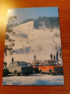 Pocztówka Stare auta Duży Fiat Szczyrk Stok Zima