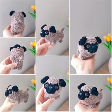 Mops na szydełku, piesek, maskotka handmade