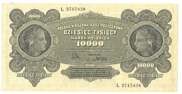 Banknot Polska 10000 Marek mkp 1922 L Stan I/II AU