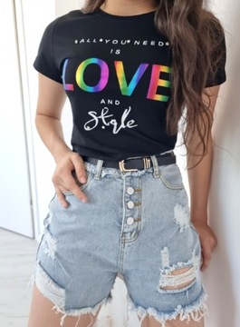 T-shirt damski tęczowy napis LOVE, cyrkonie r. S/M
