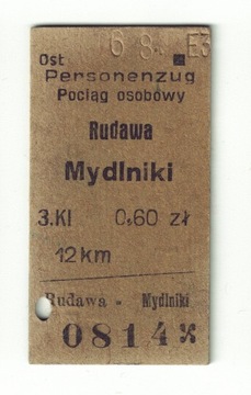 BILET KOLEJ RUDAWA - MYDLNIKI 1940 (?)