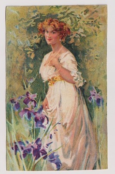 Dziewczyna Moda Kwiaty 1909r LITOGRAFIA Kalendarz