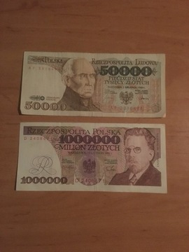 banknot 1000 000 z 1991 roku x 1 szt, banknot 50 000 z 1989 roku x 7 szt.