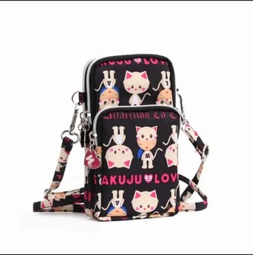 Torebka na telefon etui crossbody czarna w kotki  