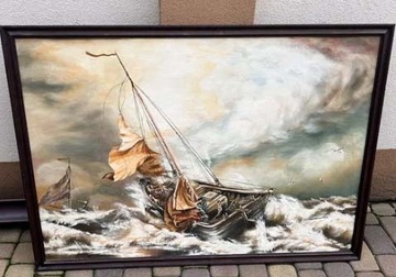 obraz olejny z łódką