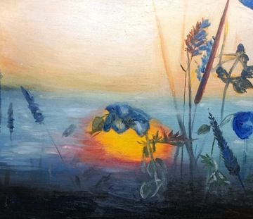 Obraz olejny pejzaż łąka o świcie
