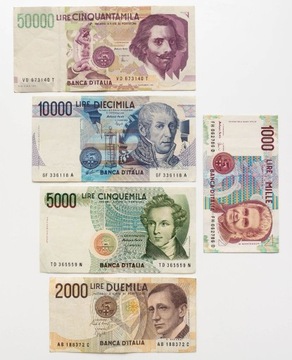 Włochy 50000, 10000, 5000, 2000, 1000 lirów 5 szt.