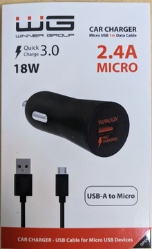 Samochodowa ładowarka 2,4A USB WG QC3.0 + kabel 1m