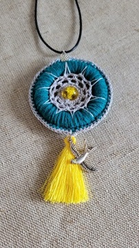 Naszyjnik handmade łapacz snów niebieski+żółty+szary