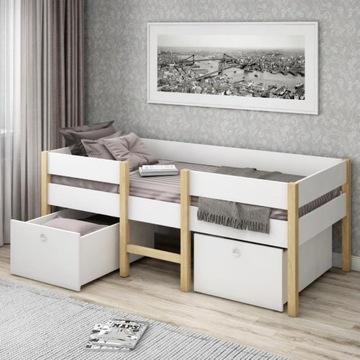 Eleganckie łóżko z szufladami, biel i drewno