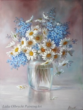 Kwiaty Bukiet, ręcznie malow obraz olej,L.Olbrycht