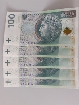 Banknoty 100 zł - 5 numerów seryjnych pod rząd 