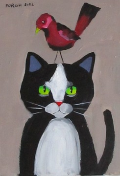 Kot z ptakiem na głowie, 21x29,7 cm, kot koty