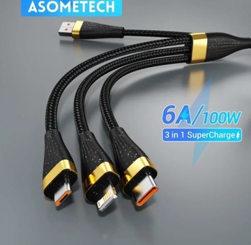 Kabel do ładowania 3 W 1 USB 6A 100W