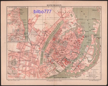 KOPENHAGA stary plan miasta z 1888 roku