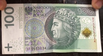 Banknot 100 złoty o numerze serii 5555